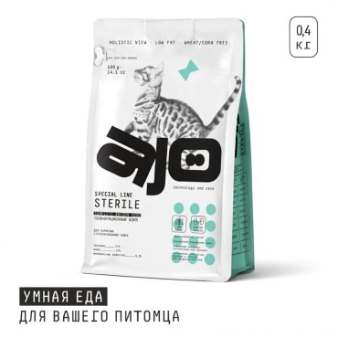 AJO Cat Sterile Сухой полнорационный корм для активных стерилизованных кошек с высоким содержанием белка с индейкой и уткой 400 гр