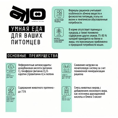 AJO Cat Sterile Сухой полнорационный корм для активных стерилизованных кошек с высоким содержанием белка с индейкой и уткой 400 гр