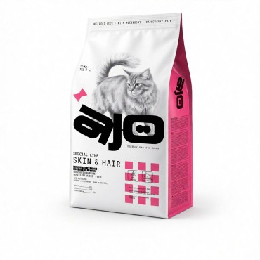 AJO Cat Skin & Hair Сухой полнорационный корм для длинношерстных кошек здоровая кожа и красивая шерсть с лососем и индейкой 10 кг