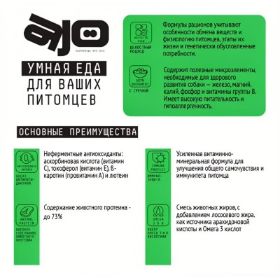 AJO Dog Mini Hypoallergenic Сухой корм с гречкой для профилактики проявлений аллергии и нормализации пищеварения для взрослых собак миниатюрных и малых пород с индейкой 2 кг.