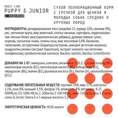 AJO Dog Puppy & Junior Сухой корм для щенков и молодых собак средних и крупных пород индейка с гречкой 2 кг.