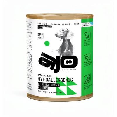 AJO Dog Hypoallergenic Влажный корм для взрослых собак склонных к аллергиям со свининой мелкорубленное мясо  400 гр.