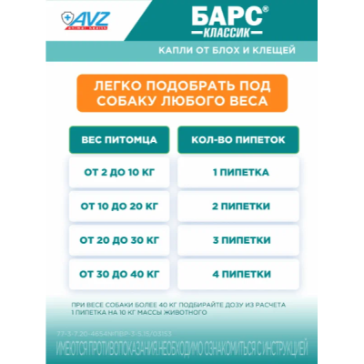 АВЗ Барс Классик капли для собак против блох и клещей 4 пипетки по 1.4 мл