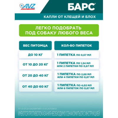 АВЗ Барс капли для собак от 10 кг до 20 кг против блох и клещей 1 пипетка по 1.34 мл