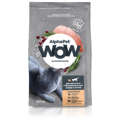 AlphaPet WOW Superpremium Сухой полнорационный корм c цыпленком для взрослых стерилизованных кошек и котов 750 гр.