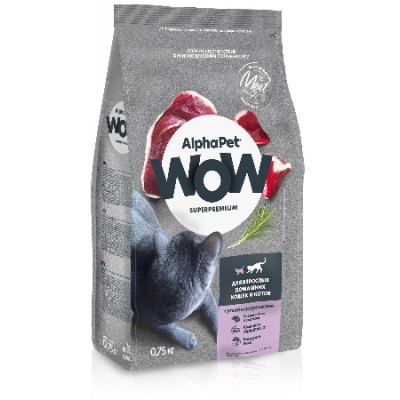AlphaPet WOW Superpremium Сухой полнорационный корм с уткой и потрошками для взрослых домашних кошек и котов 750 гр.