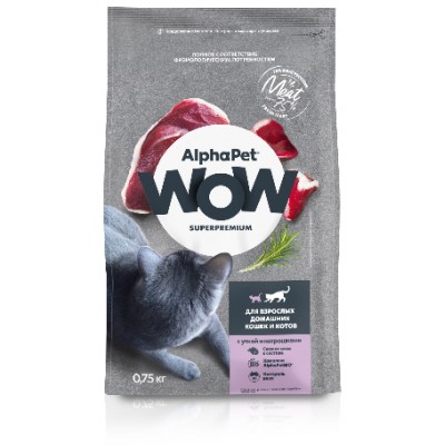 AlphaPet WOW Superpremium Сухой полнорационный корм с уткой и потрошками для взрослых домашних кошек и котов 750 гр.