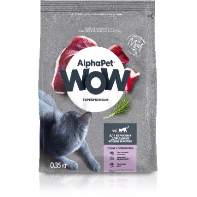 AlphaPet WOW Superpremium Сухой полнорационный корм с уткой и потрошками для взрослых домашних кошек и котов 350 гр.