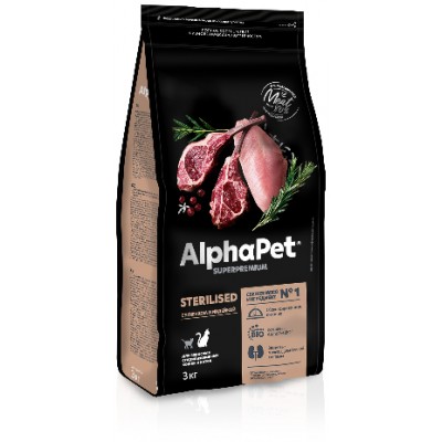 AlphaPet Superpremium Сухой полнорационный корм с ягненком и индейкой для взрослых стерилизованных кошек и котов 3 кг. 