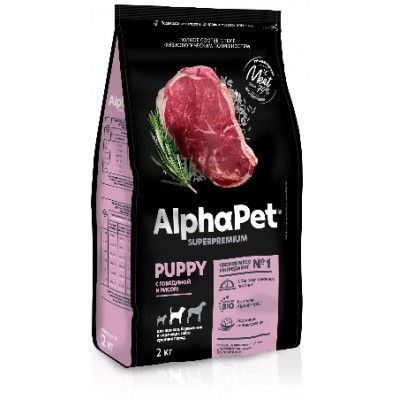 AlphaPet Superpremium Сухой полнорационный корм с говядиной и рисом для щенков, беременных и кормящих собак средних пород 2 кг.