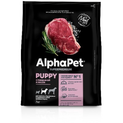 AlphaPet Superpremium Сухой полнорационный корм с говядиной и рисом для щенков, беременных и кормящих собак средних пород 7 кг.