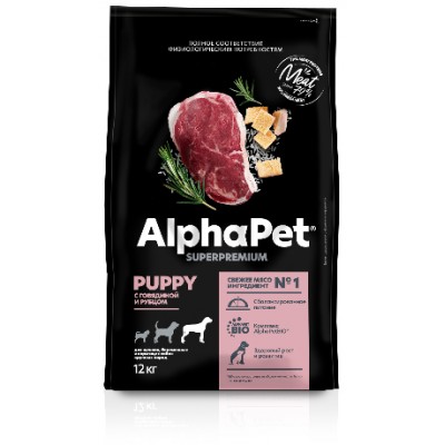 AlphaPet Superpremium Сухой полнорационный корм с говядиной и рубцом для щенков до 6 месяцев, беременных и кормящих собак крупных пород 12 кг.