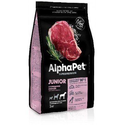 AlphaPet Superpremium Сухой полнорационный корм с говядиной и рисом для щенков крупных пород с 6 месяцев до 1,5 лет 3 кг.
