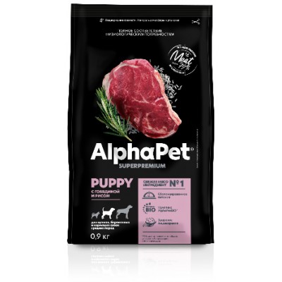 AlphaPet Superpremium Сухой полнорационный корм с говядиной и рисом для щенков, беременных и кормящих собак средних пород 900 гр.