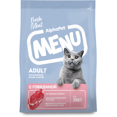 AlphaPet Menu Сухой полнорационный корм для взрослых кошек и котов с говядиной 0,35 кг