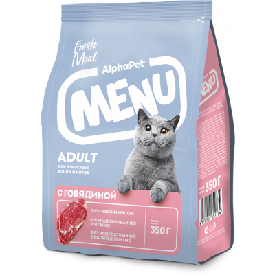 AlphaPet Menu Сухой полнорационный корм для взрослых кошек и котов с говядиной 0,35 кг