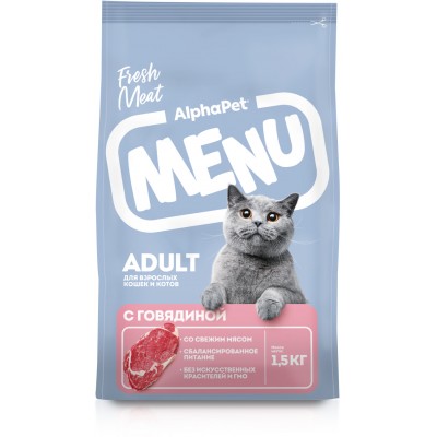 AlphaPet Menu Сухой полнорационный корм для взрослых кошек и котов с говядиной 1,5 кг