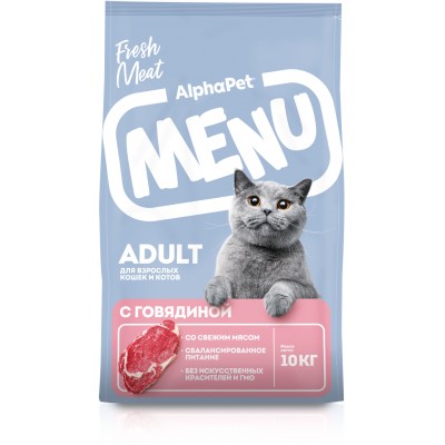 AlphaPet Menu Сухой полнорационный корм с говядиной для взрослых кошек и котов 10 кг