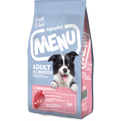 AlphaPet Menu Сухой полнорационный корм с говядиной для взрослых собак всех пород 2 кг
