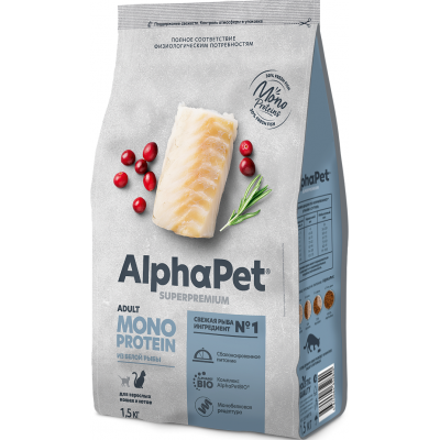 AlphaPet Superpremium Monoprotein Сухой полнорационный корм для взрослых кошек из белой рыбы 1,5 кг