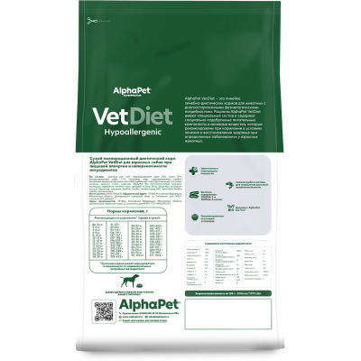 AlphaPet Vet Diet Hypoallergenic Сухой корм для взрослых собак всех пород при пищевой аллергии и непереносимости ингредиентов 2 кг.
