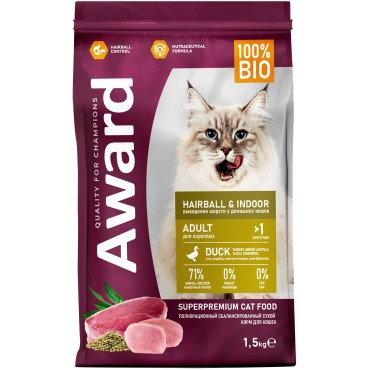Award Hairball & Indoor Сухой корм для взрослых кошек для выведения шерсти с уткой и индейкой с добавлением зеленой чечевицы и Юкки Шидигера 1,5 кг.