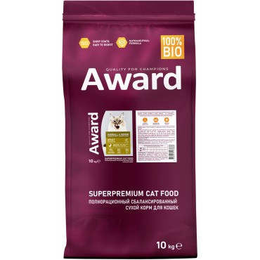 Award Hairball & Indoor Сухой корм для взрослых кошек для выведения шерсти с уткой и индейкой с добавлением зеленой чечевицы и Юкки Шидигера 10 кг.