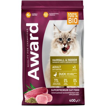 Award Hairball & Indoor Сухой корм для взрослых кошек для выведения шерсти с уткой и индейкой с добавлением зеленой чечевицы и Юкки Шидигера 400 гр.