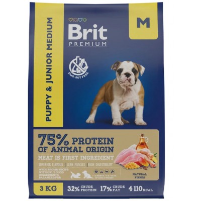 Brit Premium Dog Puppy and Junior Medium Сухой корм для щенков и молодых собак средних пород с курицей 3 кг.