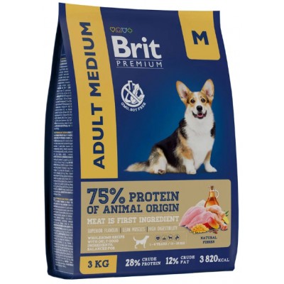 Brit Premium Dog Adult Medium Сухой корм для взрослых собак средних пород (10–25 кг) с курицей 3кг.