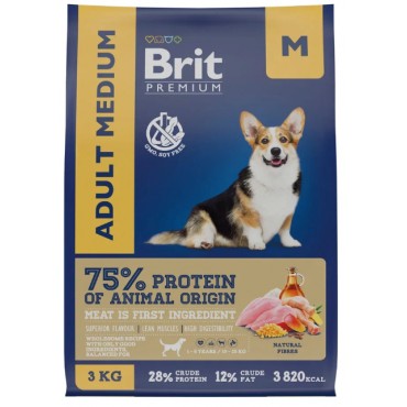 Brit Premium Dog Adult Medium Сухой корм для взрослых собак средних пород (10–25 кг) с курицей 3кг.