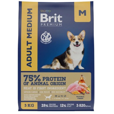 Brit Premium Dog Adult Medium Сухой корм для взрослых собак средних пород (10–25 кг) с курицей 3кг.