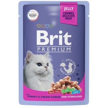 Brit Premium Влажный корм для взрослых стерилизованных кошек индейка с сыром в желе, пауч 85 гр.