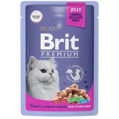 Brit Premium Влажный корм для взрослых стерилизованных кошек индейка с сыром в желе, пауч 85 гр.