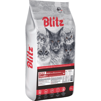 Blitz Sensitive Cat Beef Сухой корм для взрослых кошек с чувствительным пищеварением, говядина 10 кг.