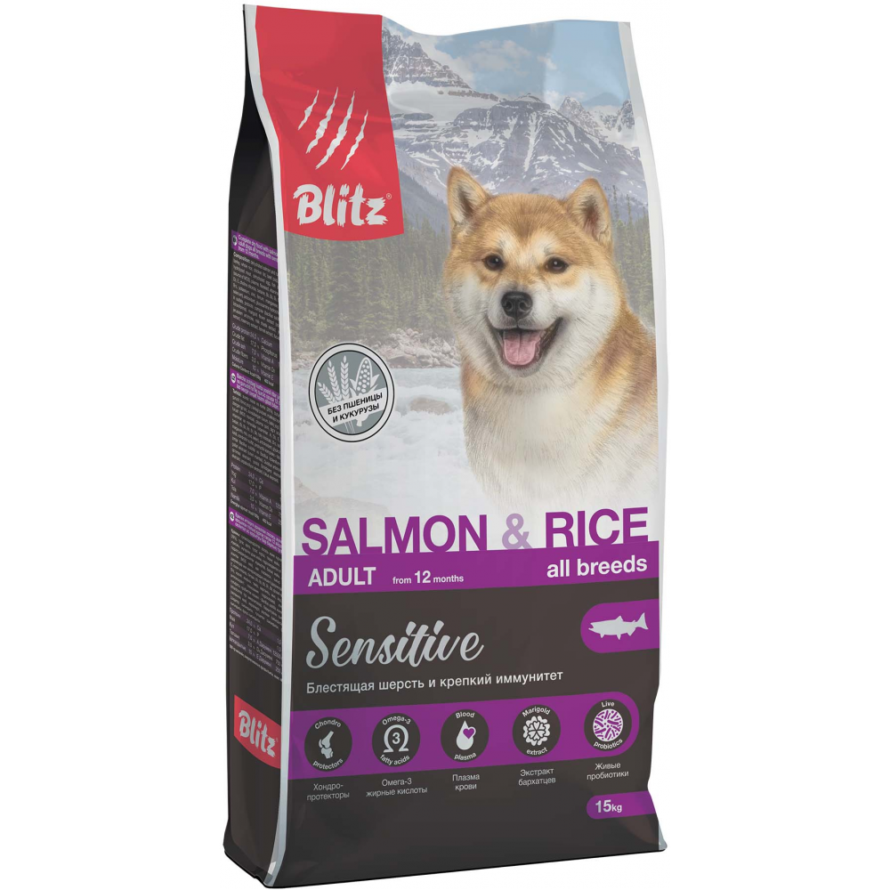Blitz Sensitive Salmon & Rice Сухой корм для взрослых собак всех пород с лососем и рисом 15 кг.