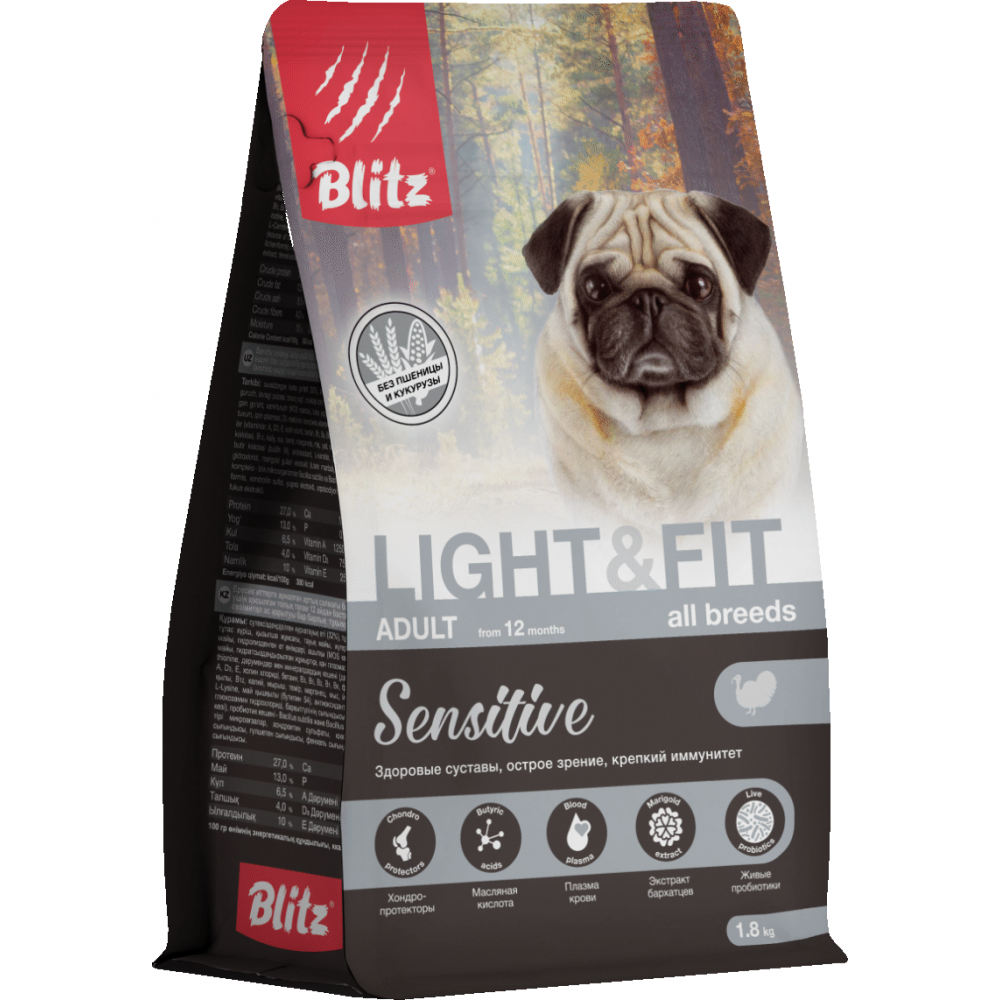 Blitz Sensitive Light & Fit сухой корм для взрослых собак с лишним весом 1.8 кг.