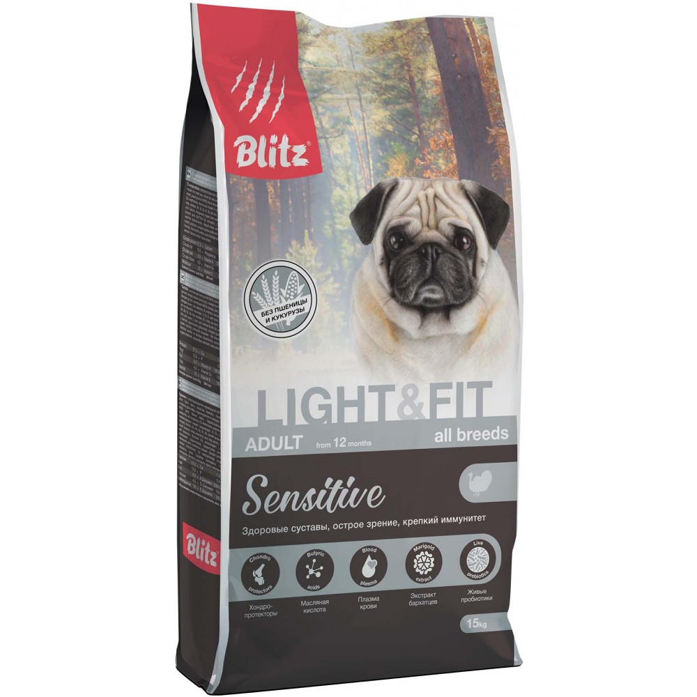 Blitz Sensitive Light & Fit сухой корм для взрослых собак с лишним весом 15 кг.
