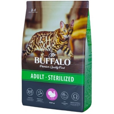 Mr.Buffalo Sterilised Сухой корм для стерилизованных кошек и кастрированных котов, индейка 0,4 кг. 