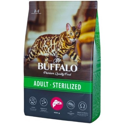 Mr.Buffalo Sterilised Сухой корм для стерилизованных кошек и кастрированных котов, лосось 0,4 кг.