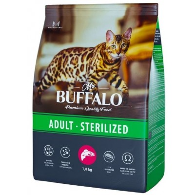 Mr.Buffalo Sterilised Сухой корм для стерилизованных кошек и кастрированных котов, лосось 1,8 кг.