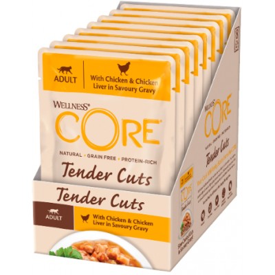 CORE Tender Cuts Влажный корм для кошек из курицы с куриной печенью в виде нарезки в соусе 85 гр.