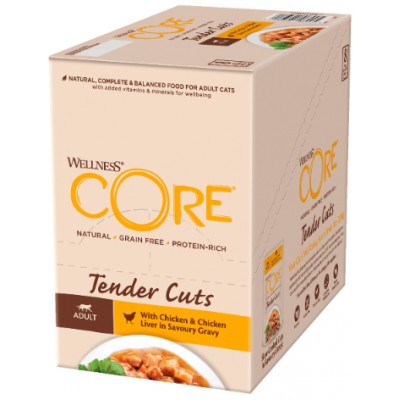 CORE Tender Cuts Влажный корм для кошек из курицы с куриной печенью в виде нарезки в соусе 85 гр.