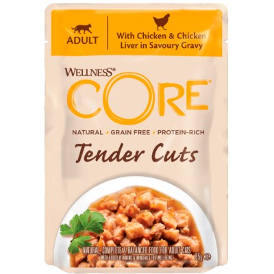 CORE Tender Cuts Влажный корм для кошек из курицы с куриной печенью в виде нарезки в соусе 85 гр.