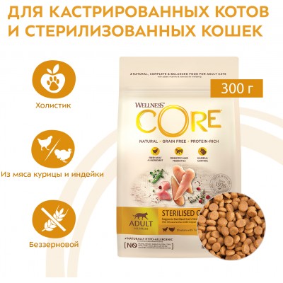CORE Сухой корм для стерилизованных кошек и кастрированных котов из курицы с индейкой 300 гр.