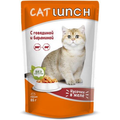 Cat Lunch Корм для кошек в пауче «Кусочки в желе с говядиной и бараниной» 85 г.