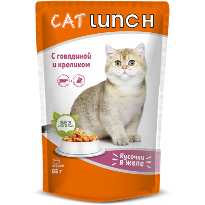 Cat Lunch Корм для кошек в пауче «Кусочки в желе с говядиной и кроликом» 85 г.