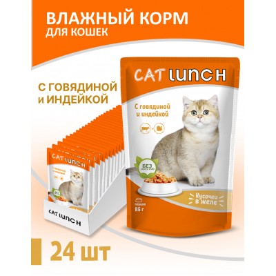 Cat Lunch Корм для кошек в пауче «Кусочки в соусе с говядиной и индейкой» 85 г.