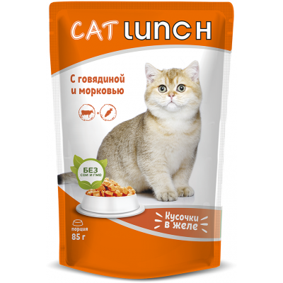 Cat Lunch Корм для кошек в пауче «Кусочки в желе с говядиной и морковью» 85 г.