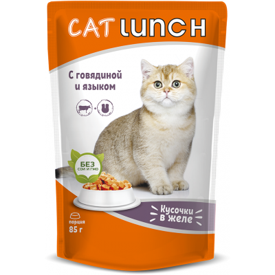 Cat Lunch Корм для кошек в пауче «Кусочки в желе с говядиной и языком» 85 г.